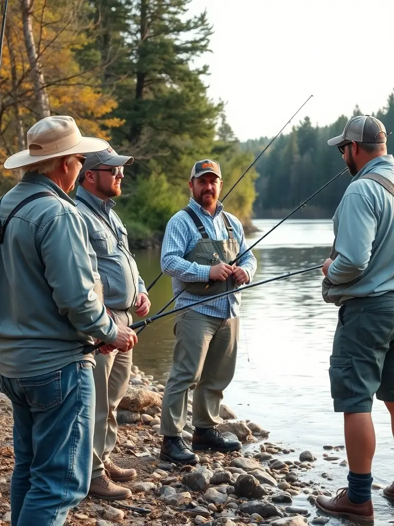 An image of a group of anglers participating in a responsible angling workshop, emphasizing the importance of sustainable fishing practices.
