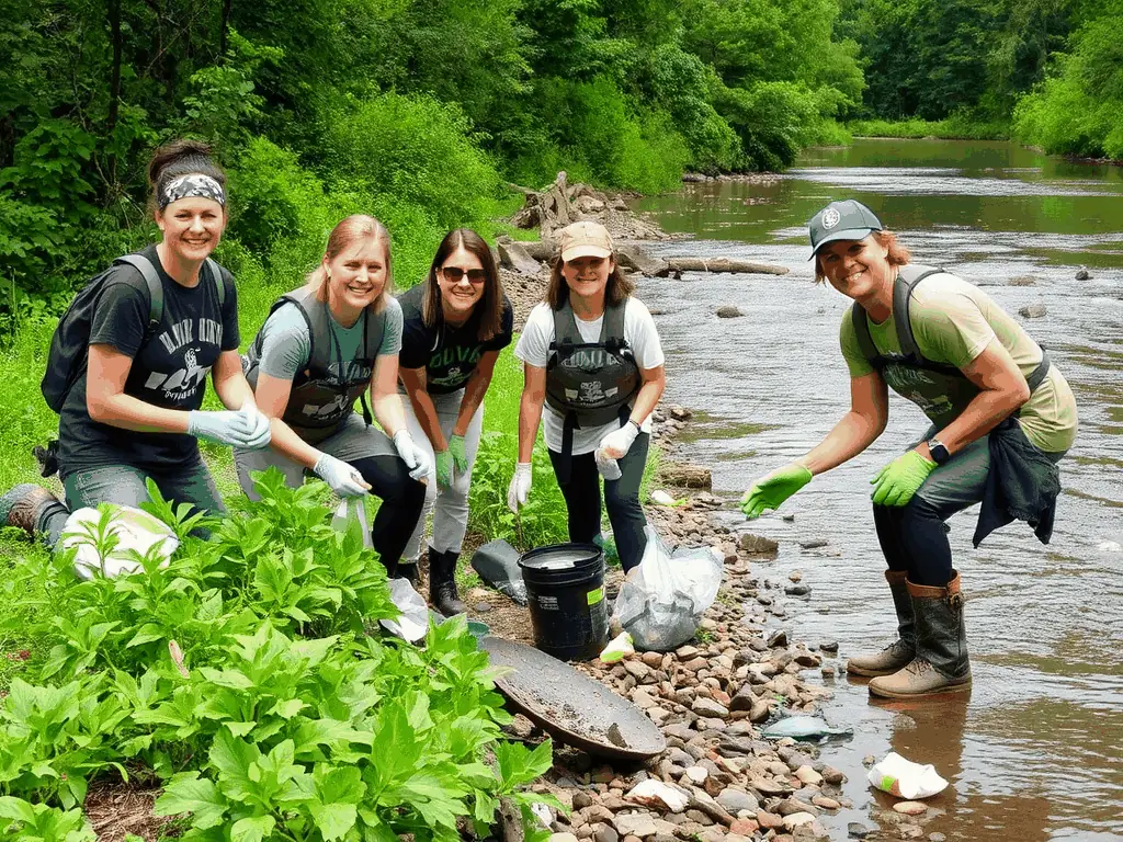 A group of volunteers participating in a fish stocking activity, releasing young fish into a river, illustrating the organization's commitment to boosting fish populations.