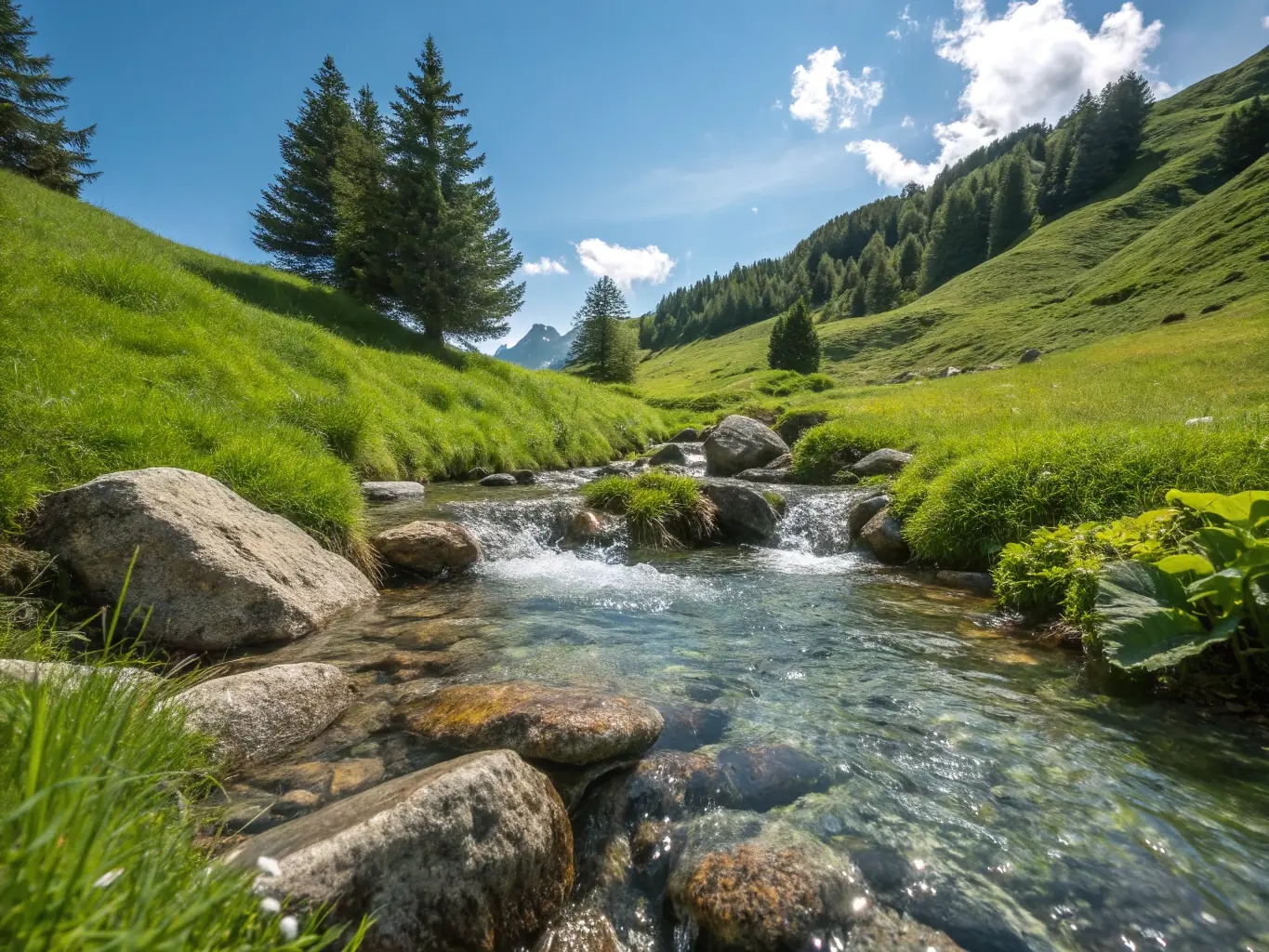 A scenic view of a river restoration project, showcasing healthy vegetation along the banks and clear water, symbolizing habitat recovery.