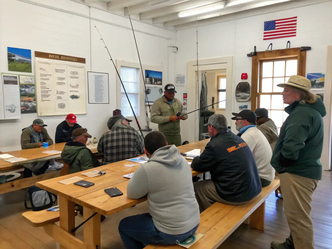 An educational workshop on responsible angling practices, with participants learning about catch and release techniques and the importance of conservation.