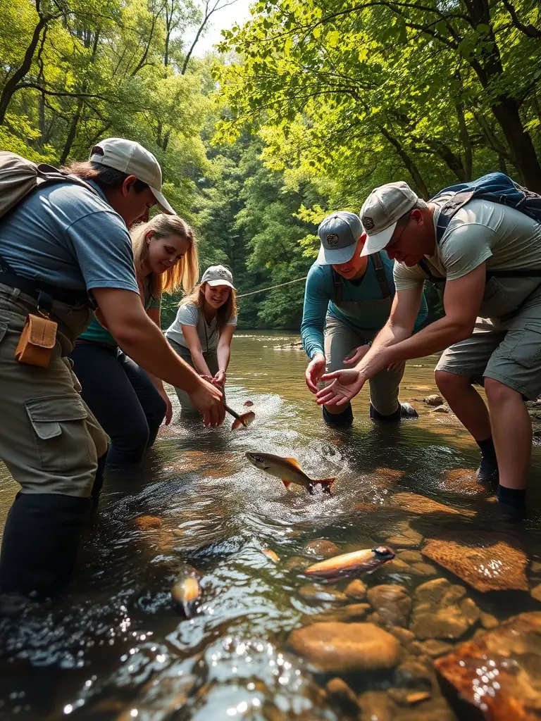 A vibrant image of volunteers releasing young fish into a pristine river, surrounded by lush greenery, symbolizing the organization's commitment to fish population restoration.