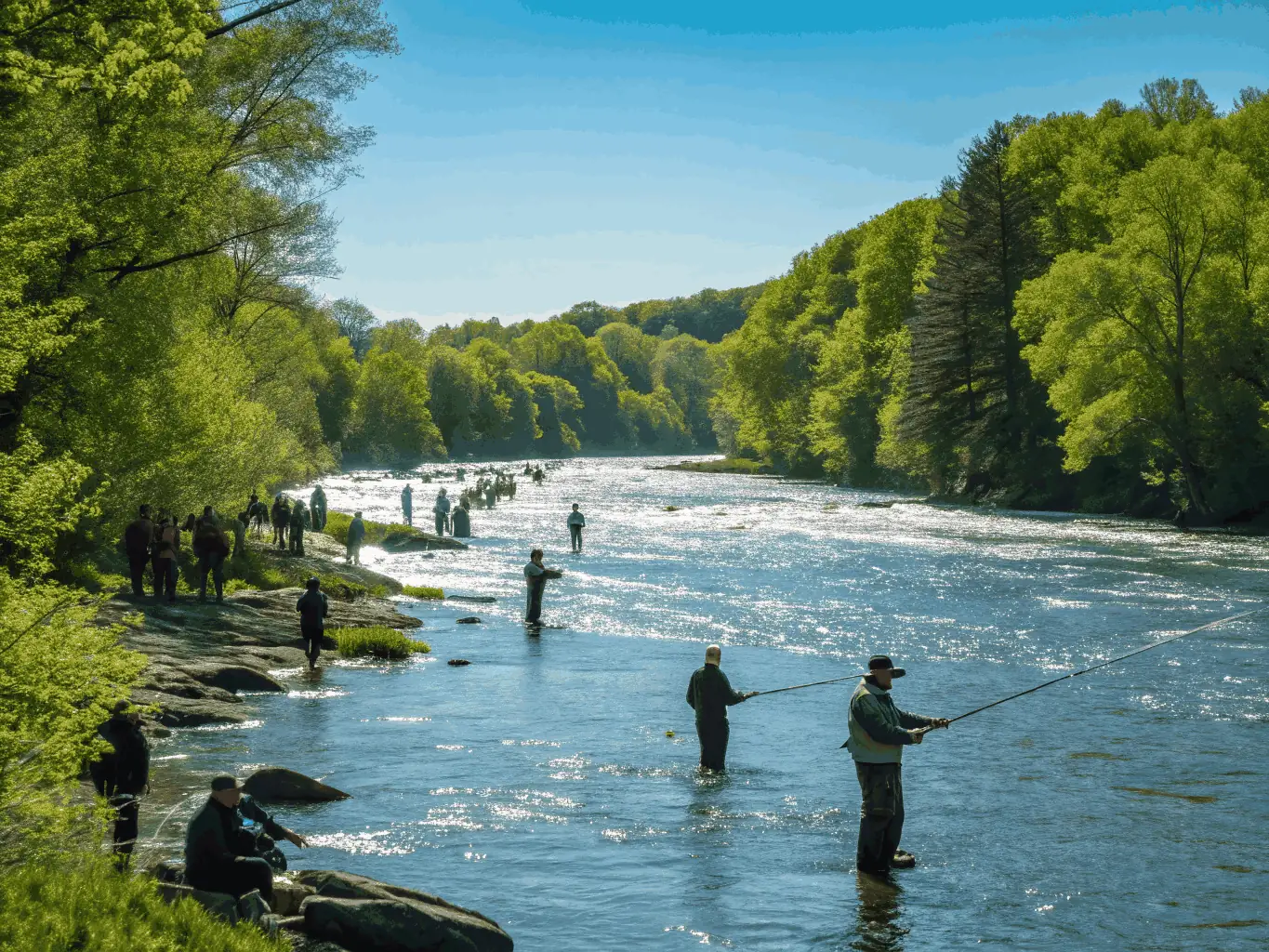 A scenic view of a river with anglers fishing, showcasing responsible angling practices promoted by the association.
