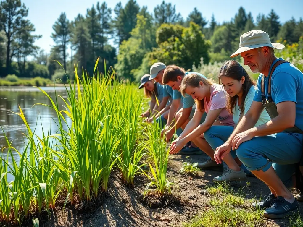 A scenic view of a river restoration project, showcasing volunteers planting native vegetation along the riverbank to stabilize the soil and improve habitat for fish and other aquatic wildlife. The image should convey a sense of community involvement and environmental stewardship.
