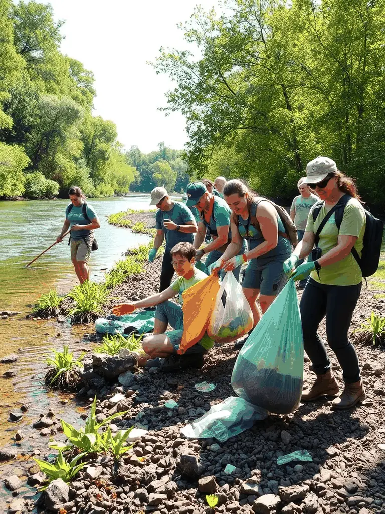 A photo of a community cleanup event along a riverbank, showcasing the organization's efforts to engage the local community in environmental stewardship.