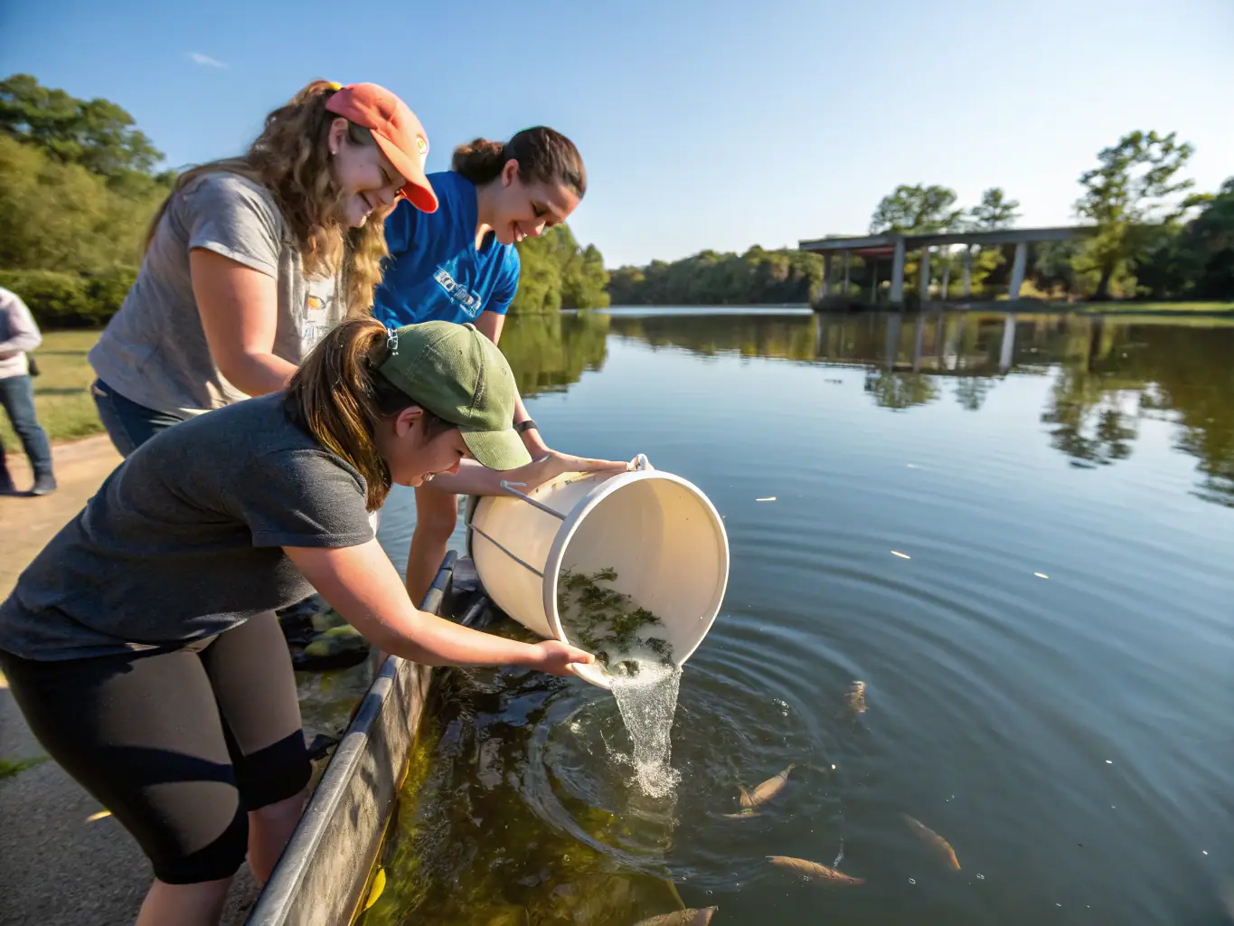 A photograph of volunteers releasing juvenile fish into a local river as part of a fish stocking program. The image should highlight the importance of maintaining healthy fish populations and supporting recreational fishing opportunities.